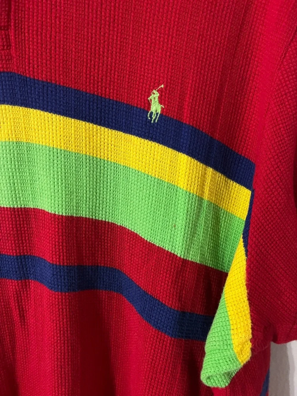 Ralph Lauren Red Polo with Navy, Yellow & Lime Stripes Sz XL